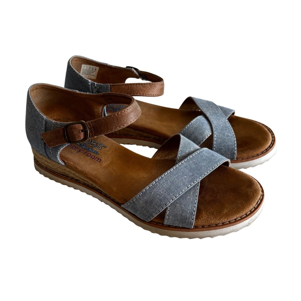 Skechers BOBS Sandals Desert Kiss Blue Denim Espadrille Wedge Womens Sz 7 Shoes